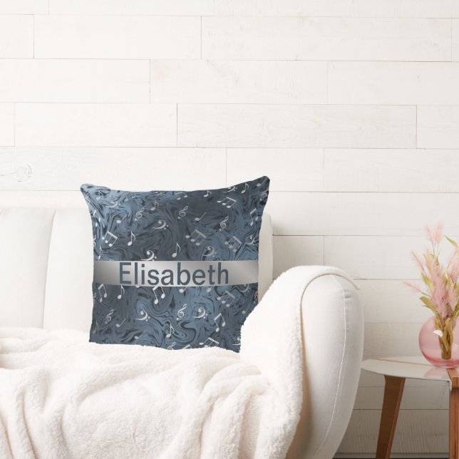 elegant silver music notes in blue throw pillow (Couch)