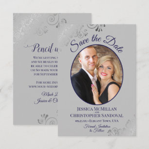 Elegant Silver & Navy Blue on Grey Photo Wedding Save The Date