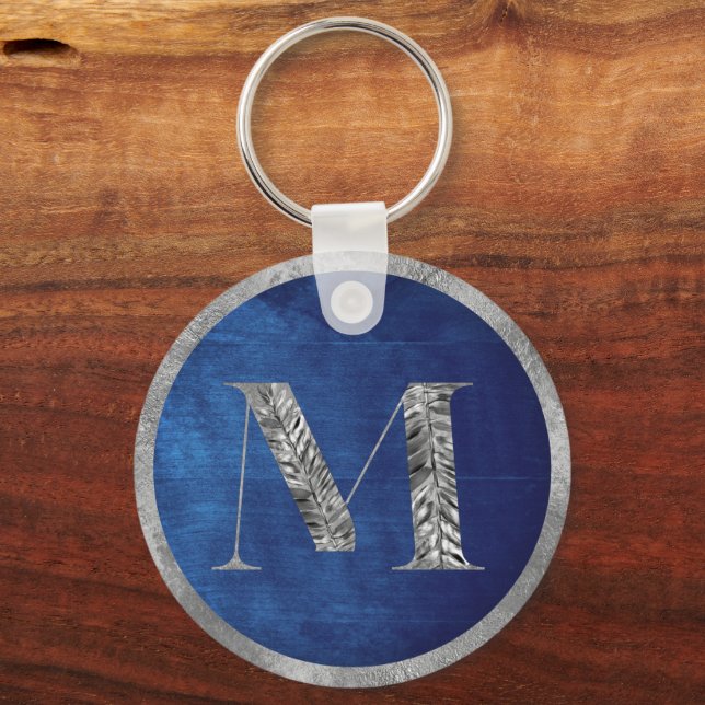 Elegant Silver & Navy Blue Personalised Monogram Key Ring (Front)