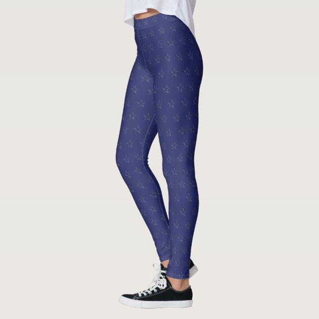 Elegant silver navy blue star pattern Stylish chic Leggings (Left)
