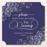 Elegant Silver & Navy Don't Take My Drink Wedding Paper Coaster<br><div class="desc">This wedding coaster is elegant, stylish, and fun! It features a beautiful silver-grey and navy blue design with modern script lettering and delicate faux foil curls and swirls in the corners. The text reads "Please don't take my drink, I'm dancing" with space for the names of the couple and wedding...</div>