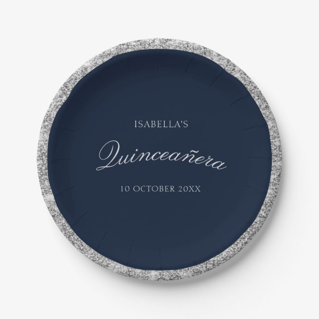 Elegant silver & navy Quinceanera  Paper Plate (Front)