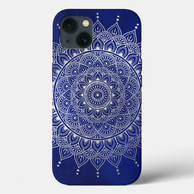 Elegant Silver on Deep Blue Floral Henna Mandala Case-Mate iPhone Case (Back)