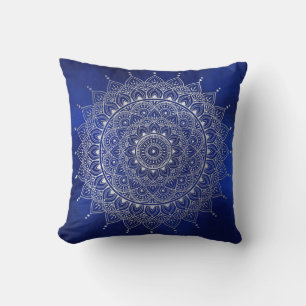Elegant Silver on Deep Blue Floral Henna Mandala Cushion