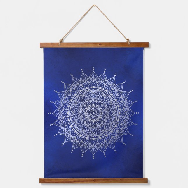 Elegant Silver on Deep Blue Floral Henna Mandala Hanging Tapestry (Front)