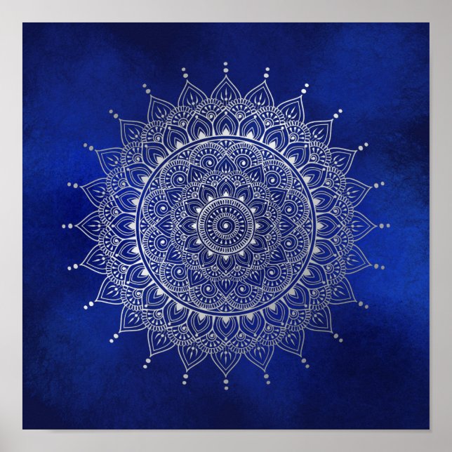 Elegant Silver on Deep Blue Floral Henna Mandala Poster (Front)