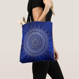 Elegant Silver on Deep Blue Floral Henna Mandala Tote Bag