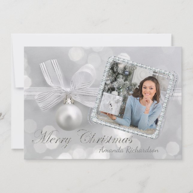 Elegant Silver Ornament Christmas photo card (Front)