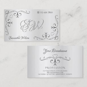 Elegant Silver Ornate Corner Borders with Initials Business Card