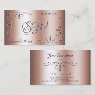Elegant Silver Ornate Corners Initials Rose Golden Business Card
