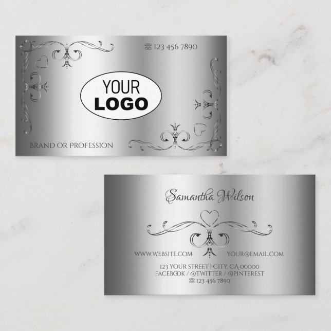 Elegant Silver Ornate Corners with Logo Ornamental Business Card (Front/Back)