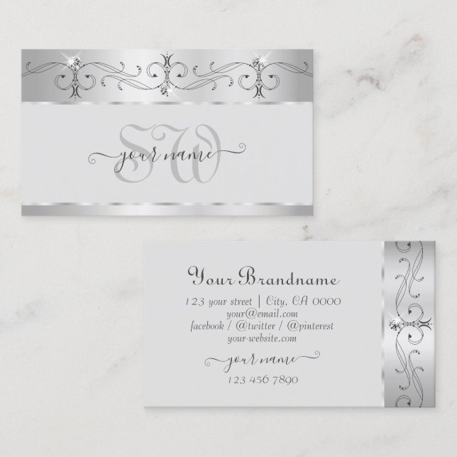 Elegant Silver Ornate Sparkling Diamonds Initials Business Card (Front/Back)
