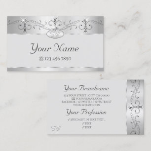 Elegant Silver Ornate Sparkling Diamonds Monogram Business Card