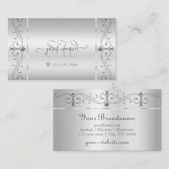 Elegant Silver Ornate Squiggled Jewels Monogram Business Card (Front/Back)