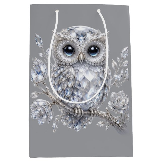 Elegant Silver Owl Botanical Magic Night Deco Medium Gift Bag (Front)