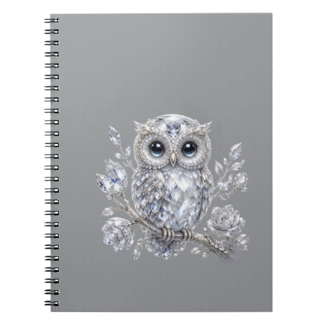 Elegant Silver Owl Botanical Magic Night Deco Notebook (Front)