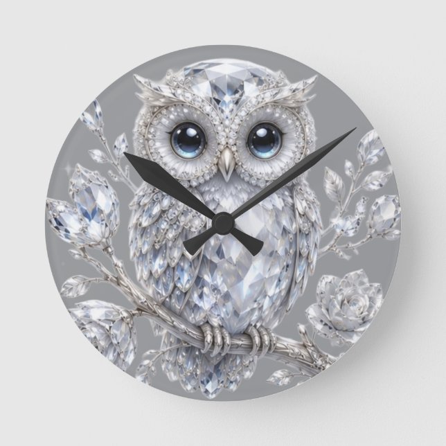 Elegant Silver Owl Botanical Magic Night Deco Round Clock (Front)