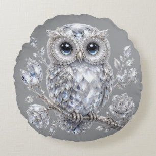 Elegant Silver Owl Botanical Magic Night Deco Round Cushion