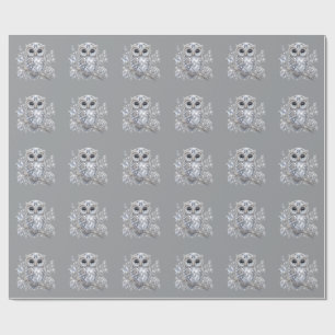 Elegant Silver Owl Botanical Magic Night Deco Wrapping Paper