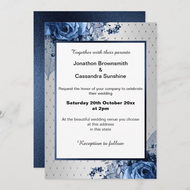 ELEGANT SILVER PATTERN BOUQUET FLORAL NAVY WEDDING INVITATION (Front/Back)
