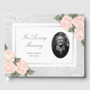 Elegant Silver Peach Roses Botanical Funeral Photo Guest Book