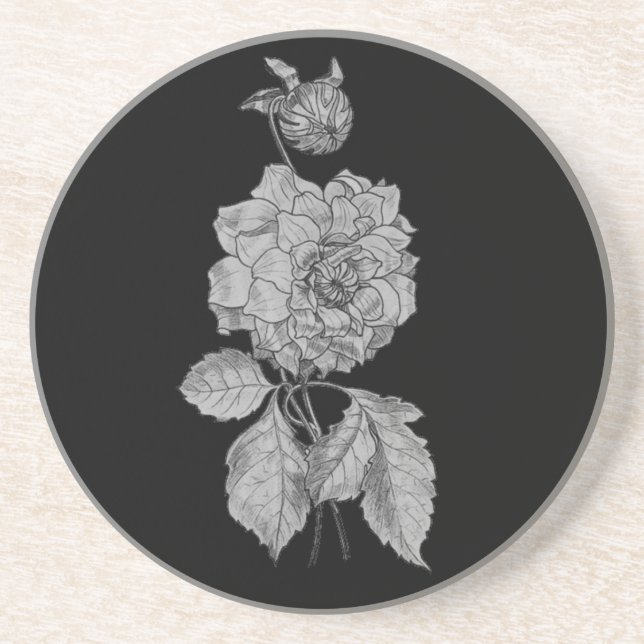 Elegant Silver Peony Black Floral Drink Coaster (Front)