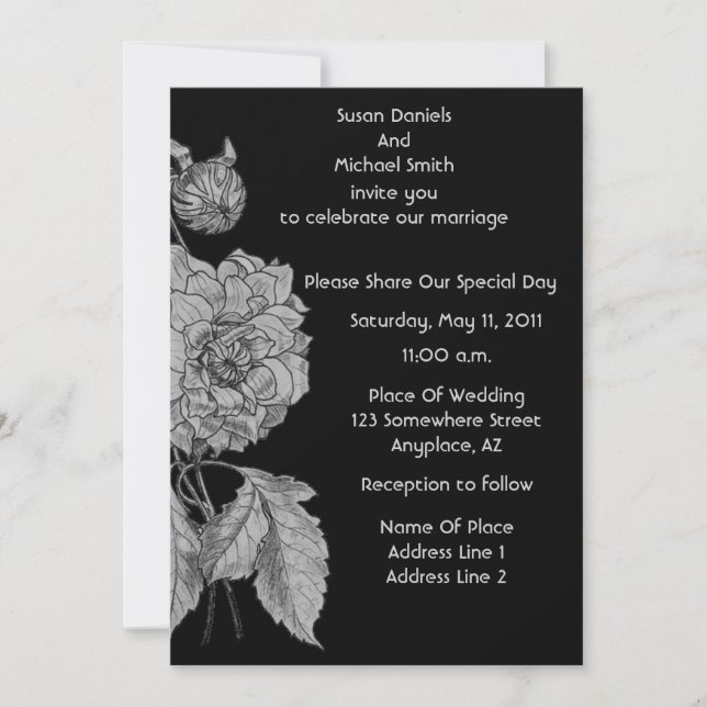 Elegant Silver Peony Black Floral Wedding  Invitation (Front)