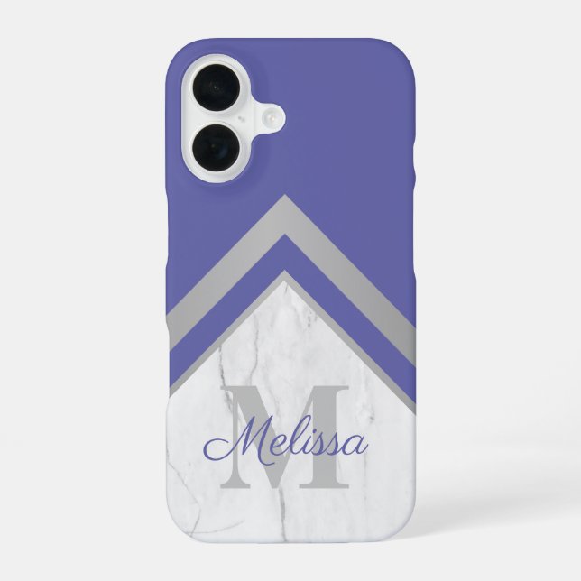 Elegant Silver Peri Monogram Geometric Marble iPhone 16 Case (Back)