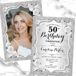 Elegant Silver Photo 50th Birthday Invitation<br><div class="desc">Elegant floral feminine 50th birthday invitation with your photo at the back of the card. Glam design with faux glitter silver. Features silver stripes, white roses, script font and confetti. Perfect for a stylish adult bday celebration party. Personalise with your own details. Can be customised for any age! Printed Zazzle...</div>