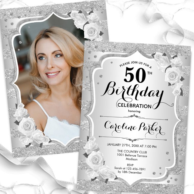 Elegant Silver Photo 50th Birthday Invitation (Creator Uploaded)