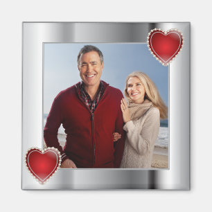 Elegant Silver Photo Red Heart Frame Magnet