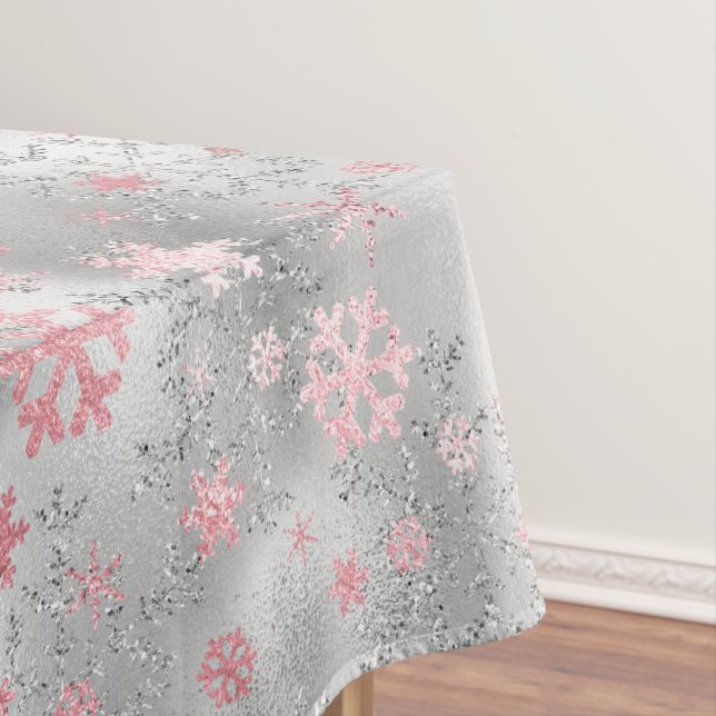 Elegant Silver Pink Christmas Snowflake Pattern Tablecloth (In Situ)