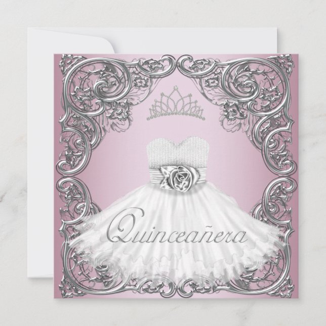 Elegant Silver Pink Quinceanera Invitations (Front)
