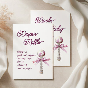 Elegant Silver Pink Rattle Bow Baby Diaper Raffle Enclosure Card