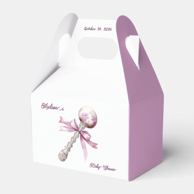 Elegant Silver Pink Rattle Bow Baby Shower Favour Box (Front Side)