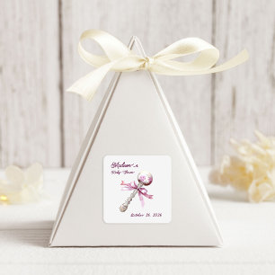 Elegant Silver Pink Rattle Bow Baby Shower Square Sticker