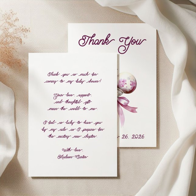 Elegant Silver Pink Rattle Bow Baby Shower Thank You Card (Creator Uploaded)