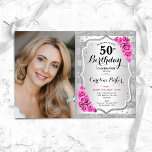 Elegant Silver Pink Roses Photo 50th Birthday Invitation<br><div class="desc">Elegant floral feminine 50th birthday invitation with your photo. Glam design with faux glitter silver. Features stripes, pink roses, script font and confetti. Perfect for a stylish adult bday celebration party. Personalise with your own details. Can be customised for any age! Printed Zazzle invitations or instant download digital printable template....</div>