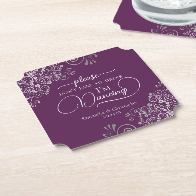 Elegant Silver & Plum Don't Take My Drink Wedding Paper Coaster (Angled)