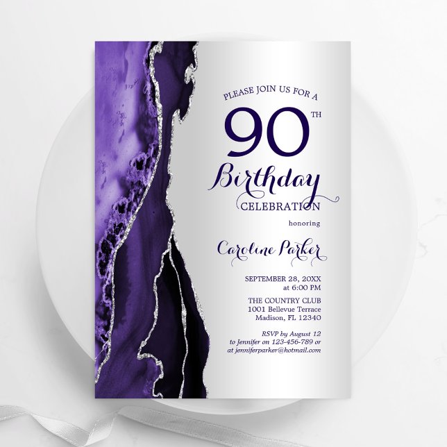 Elegant Silver Purple Agate 90th Birthday Invitation (Creator Uploaded)