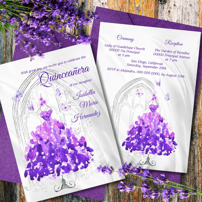 Elegant Silver & Purple Butterflies Quinceañera Invitation (Creator Uploaded)