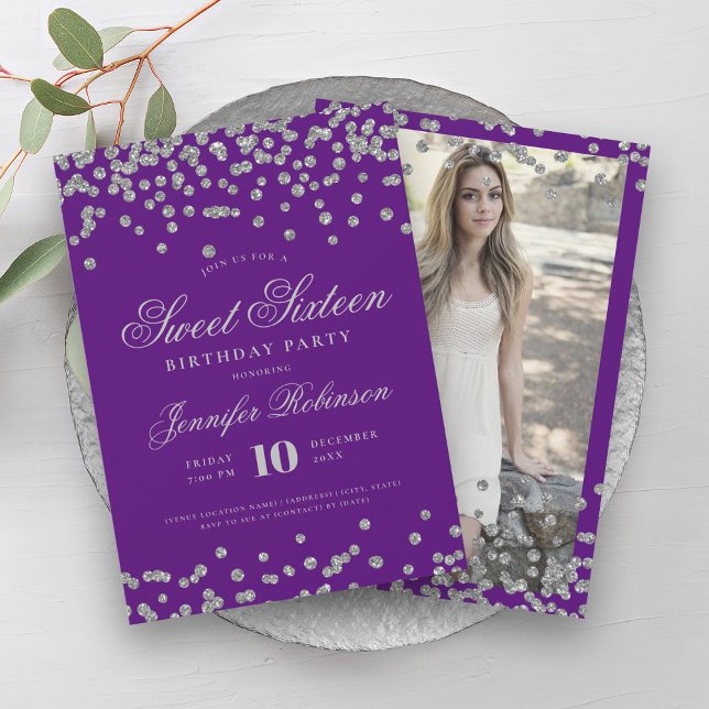 Elegant Silver Purple Confetti Photo Sweet 16   Invitation (Elegant Silver Purple Confetti Photo Sweet 16 Invitation)