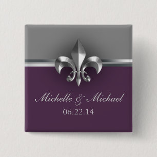 Elegant Silver Purple Fleur de Lis 15 Cm Square Badge