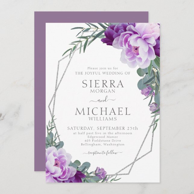Elegant Silver & Purple Floral Eucalyptus Wedding Invitation (Front/Back)
