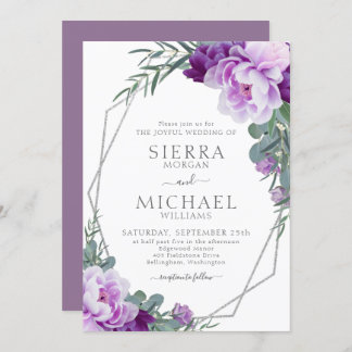 Elegant Silver & Purple Floral Eucalyptus Wedding Invitation