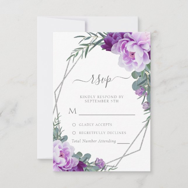 Elegant Silver & Purple Floral Eucalyptus Wedding RSVP Card (Front)