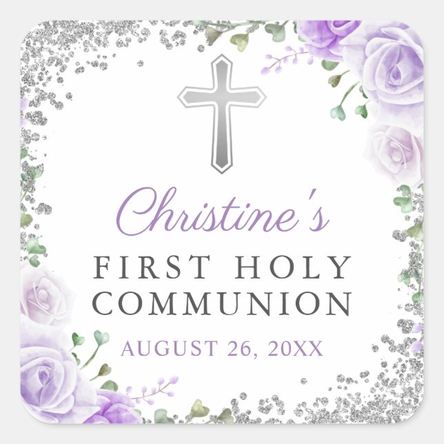 Elegant Silver Purple Floral First Holy Communion Square Sticker (Front)