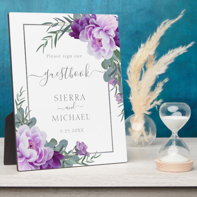 Elegant Silver & Purple Floral Wedding Guestbook Plaque (Side)