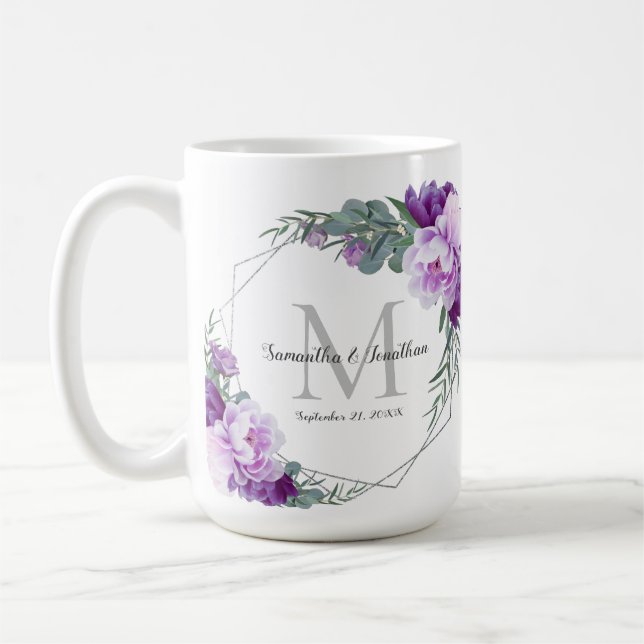 Elegant Silver & Purple Floral Wedding Keepsake Coffee Mug (Left)