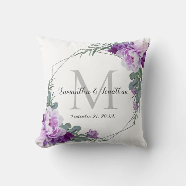 Elegant Silver Purple Floral Wedding Throw Pillow (Front)